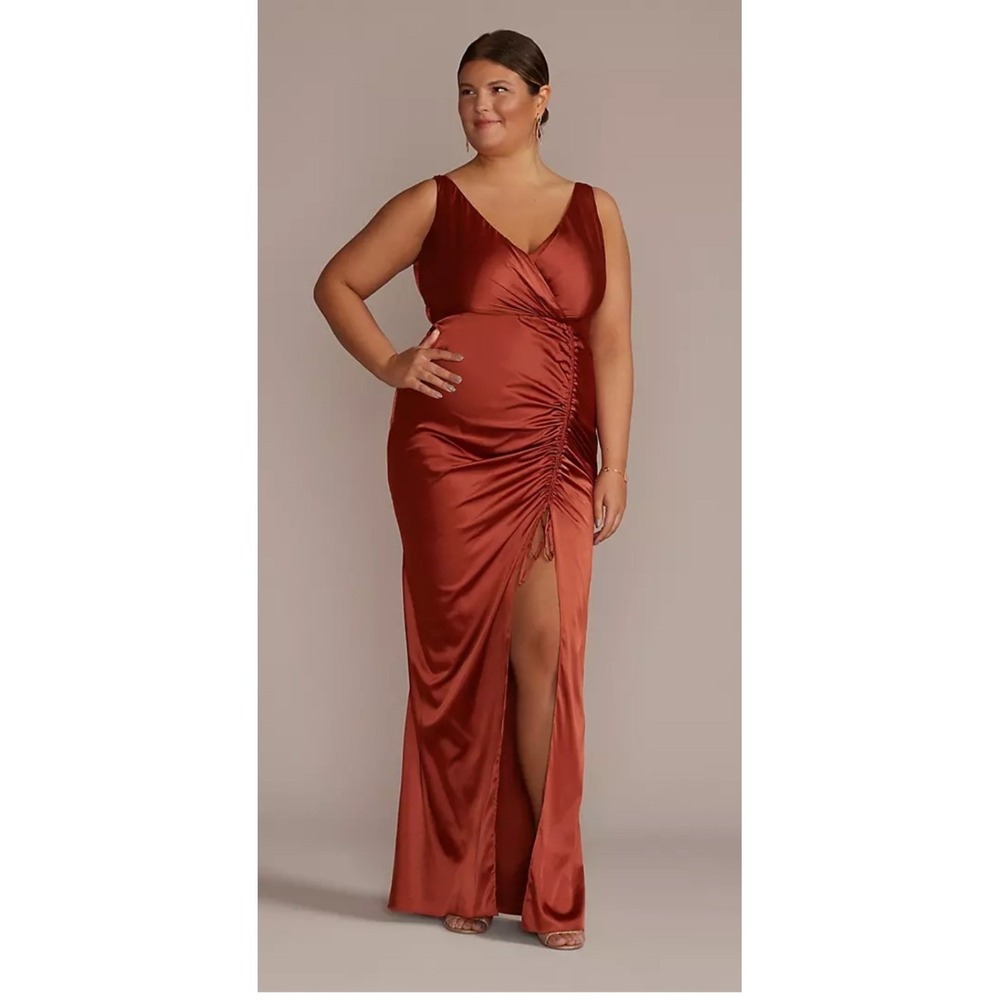 Celebrate DB Studio Size 20 Cinnamon Brown Ruched Satin Maxi Dress Formal